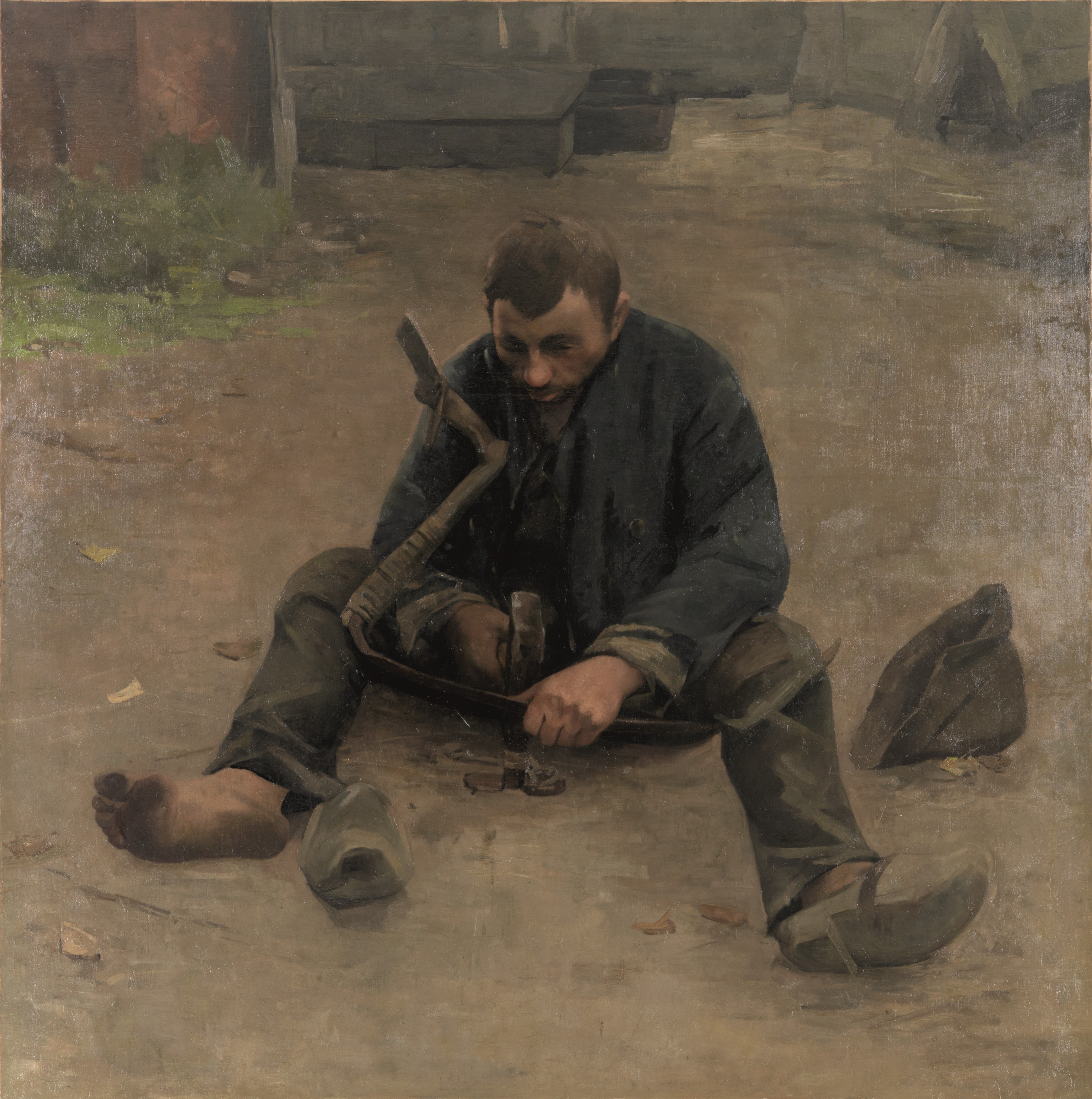 Zittende boer die zijn zeis scherpt